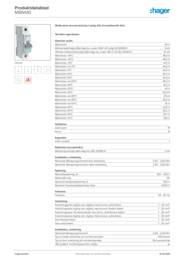 Bild Hager Produktdatablad MBN140 | Hager Sverige