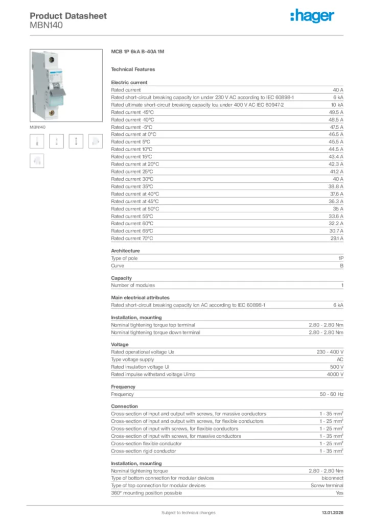 Image Hager Product data sheet MBN140  | Hager