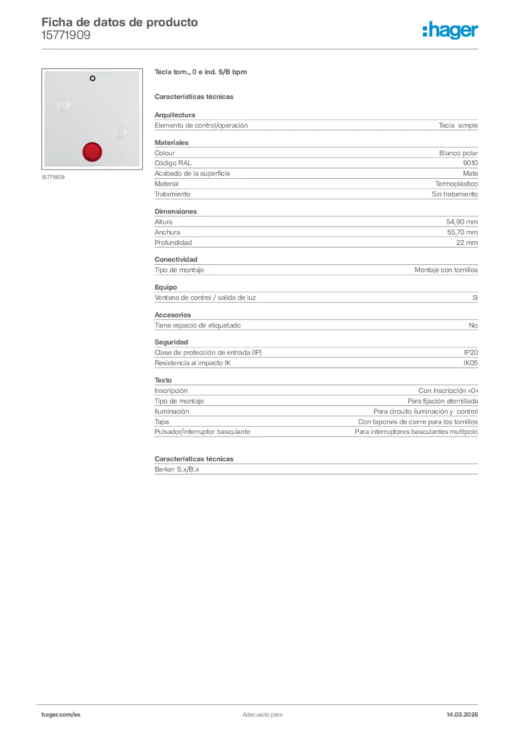 Imagen Hager Ficha de datos de producto 15771909 | Hager España