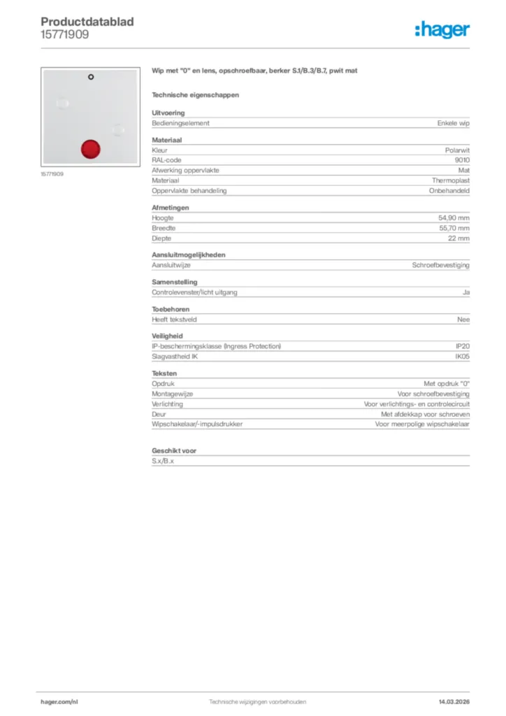 Afbeelding Hager Productdatablad 15771909 | Hager Nederland