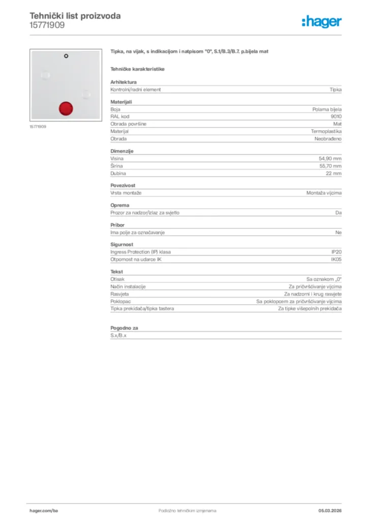 Slika Hager Tehnički list proizvoda 15771909  | Hager