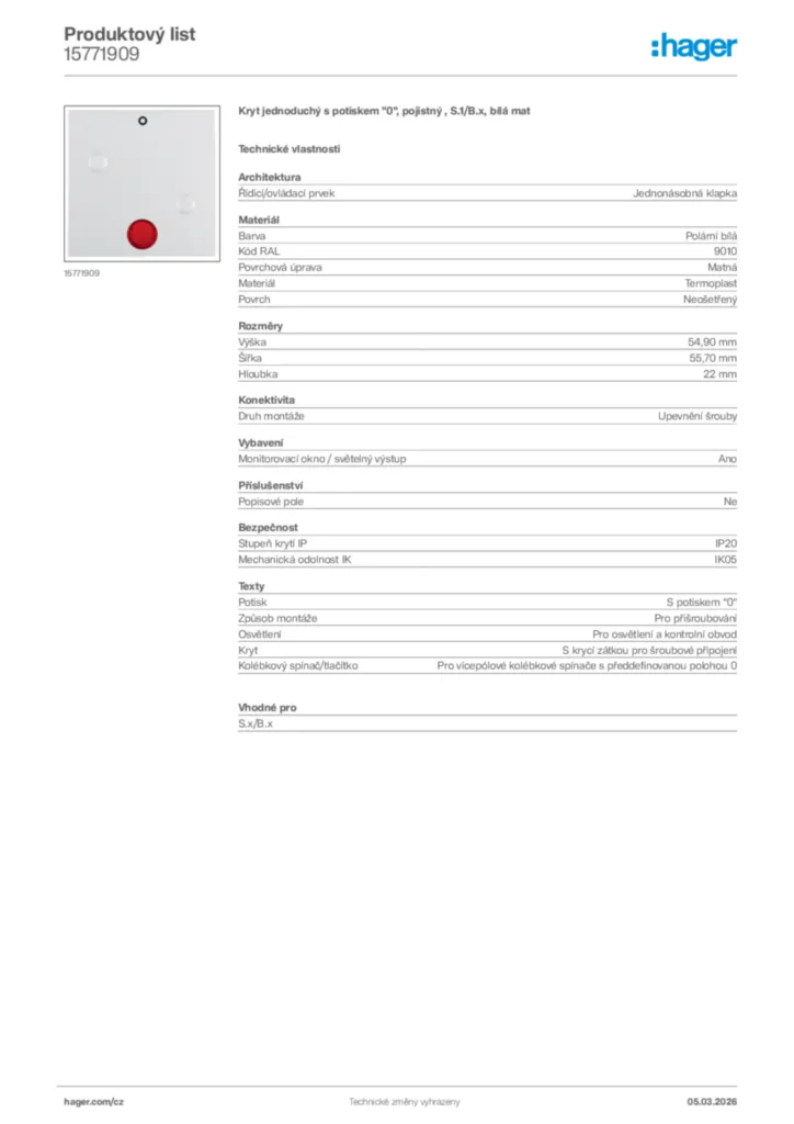 Obrázek Hager Product data sheet 15771909 | Hager