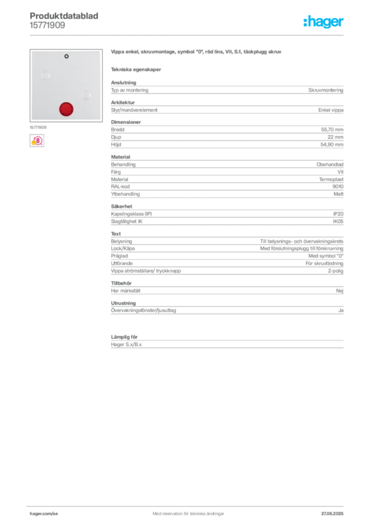 Bild Hager Produktdatablad 15771909 | Hager Sverige