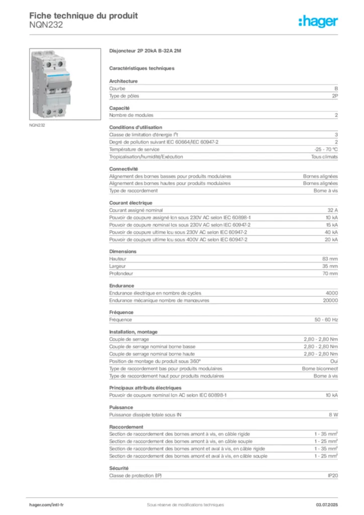 Image Hager Fiche technique du produit NQN232 | Hager Afrique