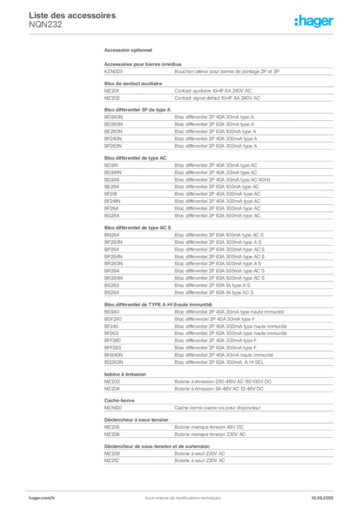 Image Hager Fiche technique du produit NQN232 | Hager France
