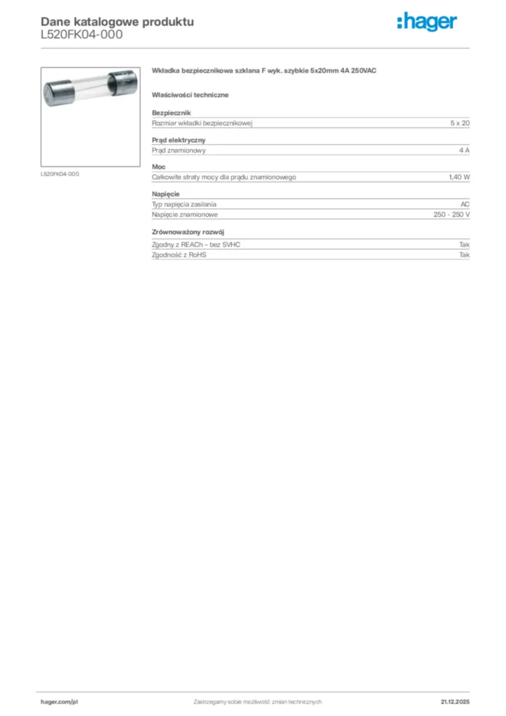 Zdjęcie Hager Dane katalogowe produktu L520FK04-000 | Hager Polska