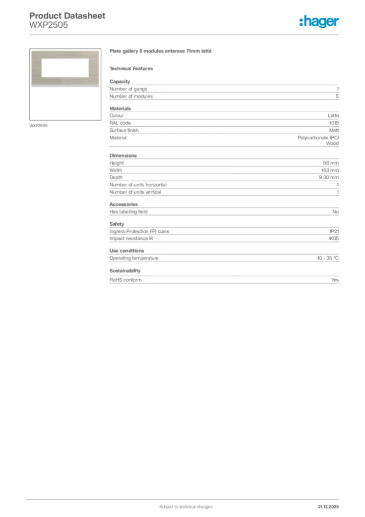 Image Hager Product data sheet WXP2505  | Hager Africa