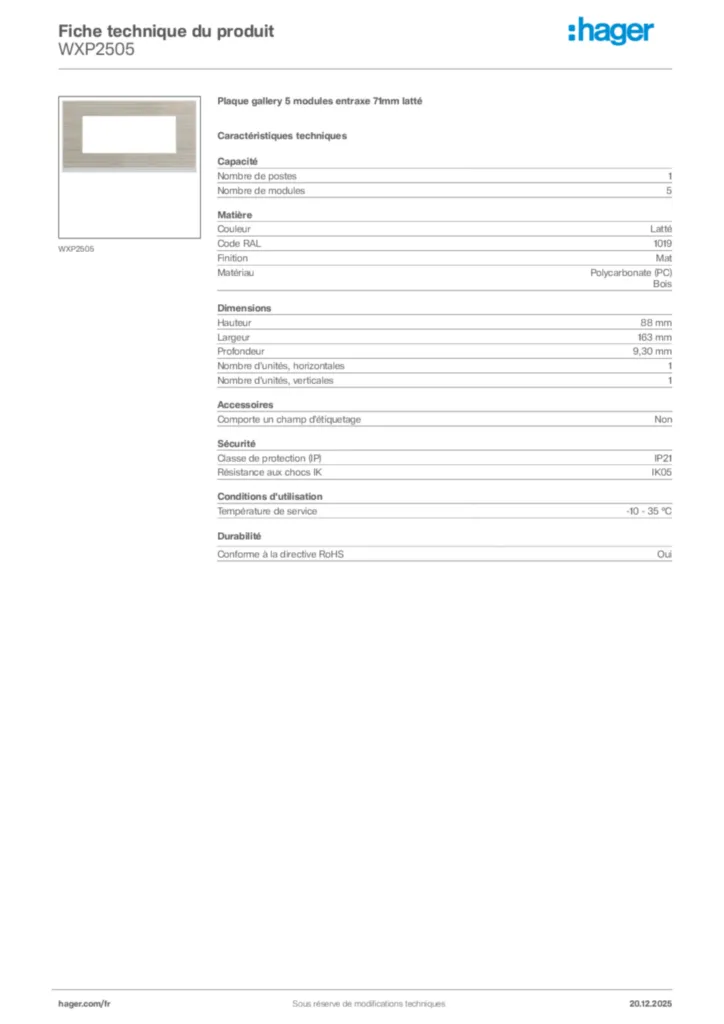 Image Hager Fiche technique du produit WXP2505 | Hager France
