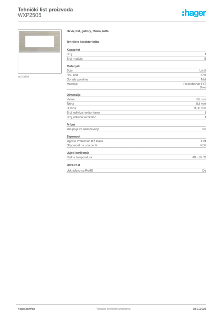 Slika Hager Product data sheet WXP2505  | Hager