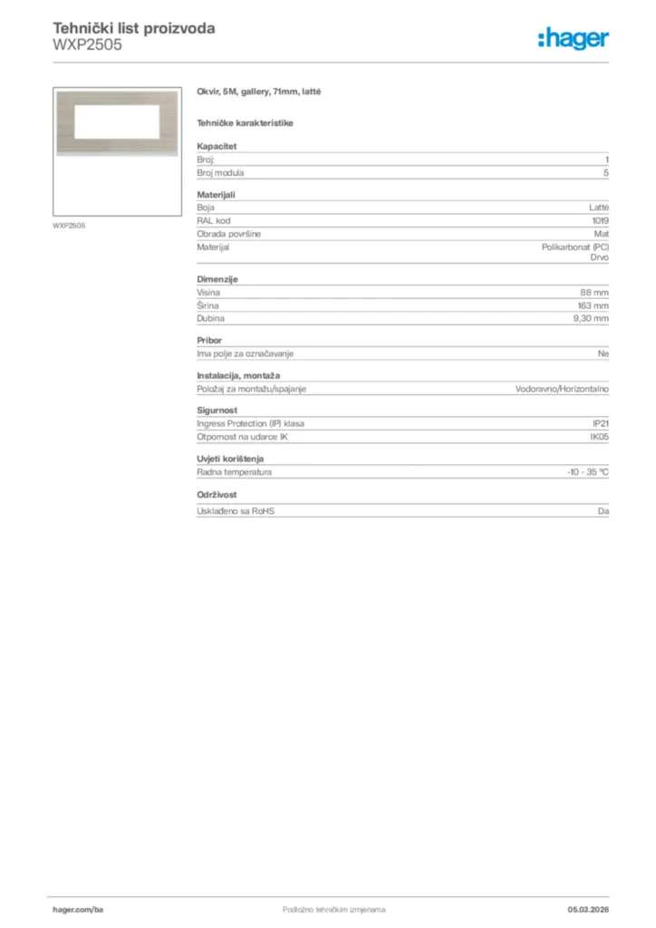 Slika Hager Tehnički list proizvoda WXP2505  | Hager