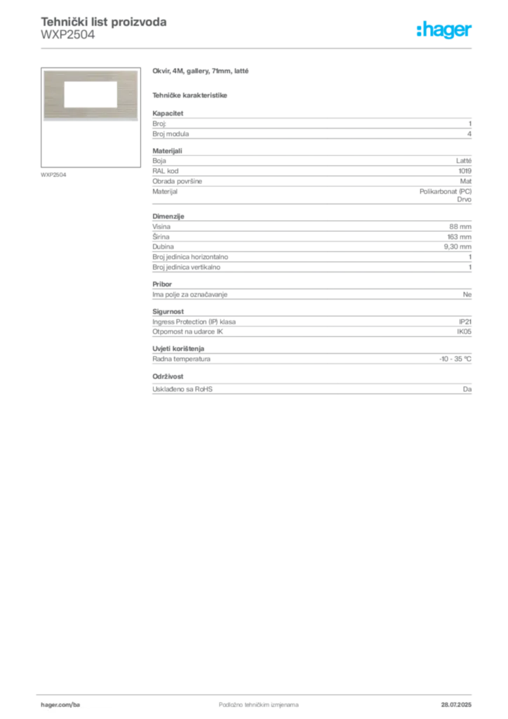 Slika Hager Product data sheet WXP2504  | Hager
