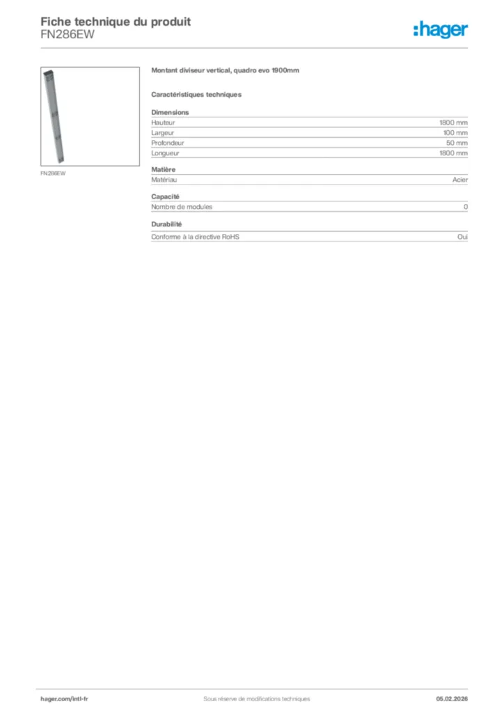 Image Hager Fiche technique du produit FN286EW | Hager Afrique