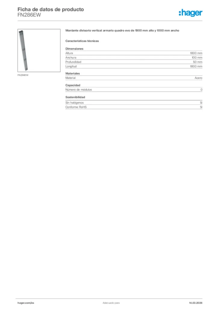 Imagen Hager Ficha de datos de producto FN286EW | Hager España
