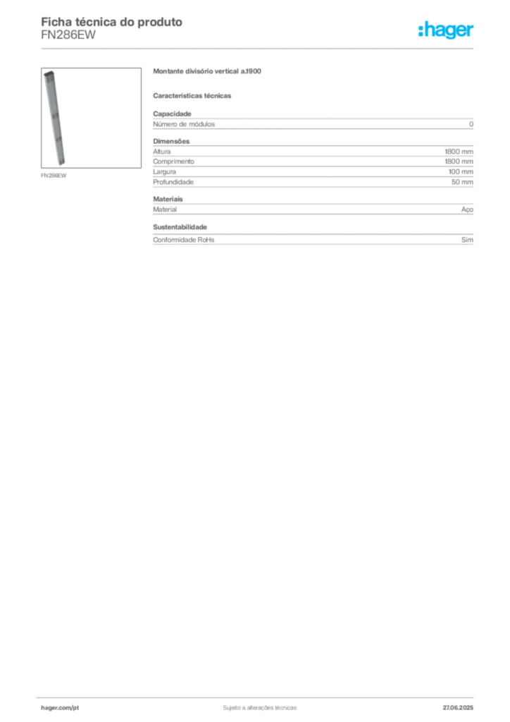 Imagem Hager Ficha técnica do produto FN286EW | Hager Portugal