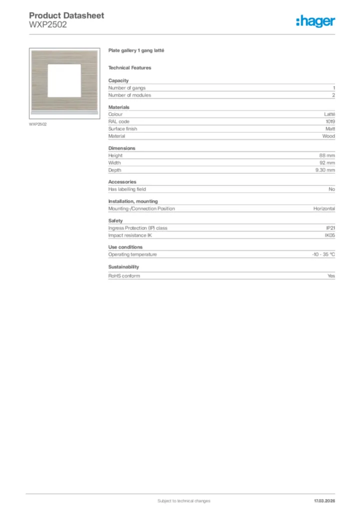 Image Hager Product data sheet WXP2502  | Hager Africa
