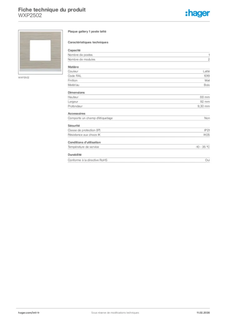 Image Hager Fiche technique du produit WXP2502 | Hager Afrique