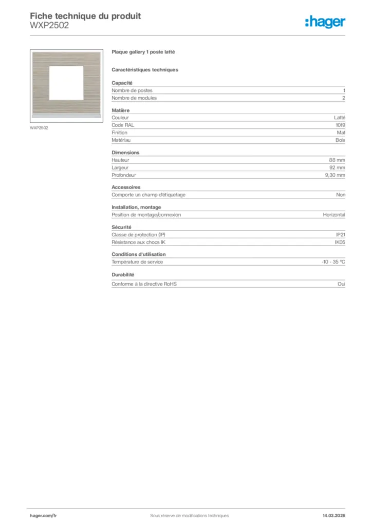 Image Hager Fiche technique du produit WXP2502 | Hager France