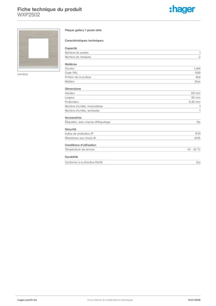 Image Hager Fiche technique du produit WXP2502 | Hager Belgique