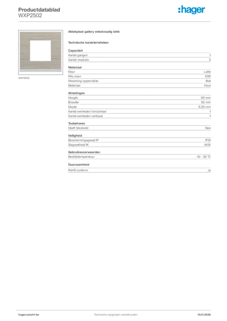 Afbeelding Hager Productdatablad WXP2502 | Hager Belgium