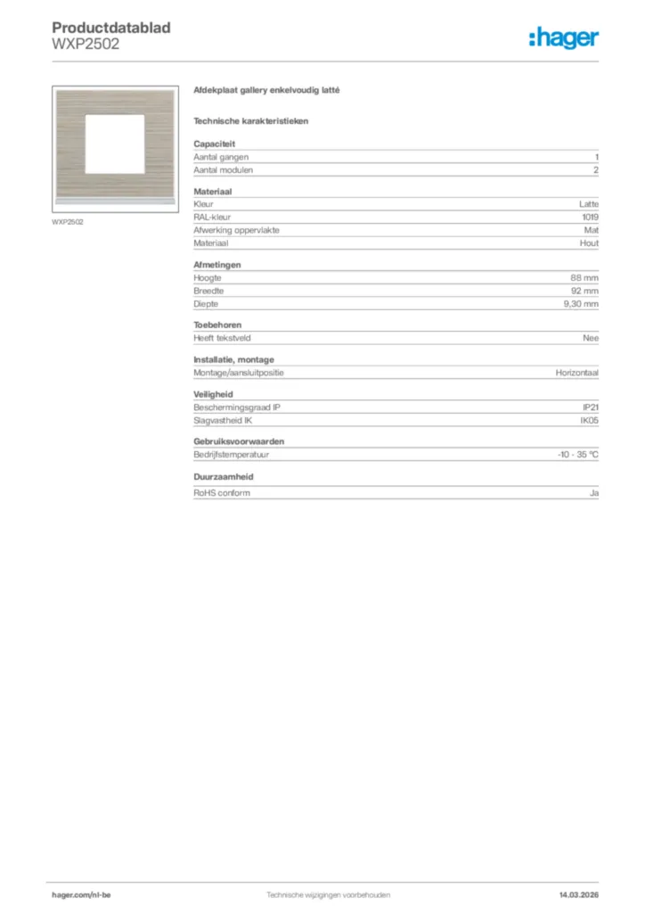 Afbeelding Hager Productdatablad WXP2502 | Hager Belgium