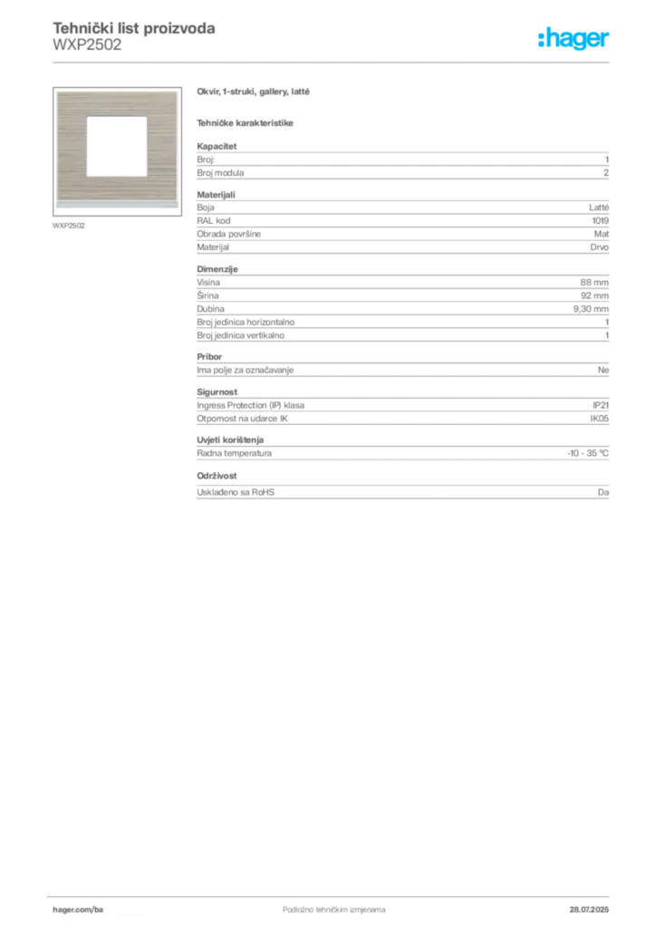 Slika Hager Product data sheet WXP2502  | Hager