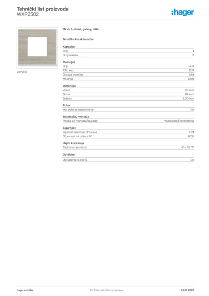 Slika Hager Tehnički list proizvoda WXP2502  | Hager