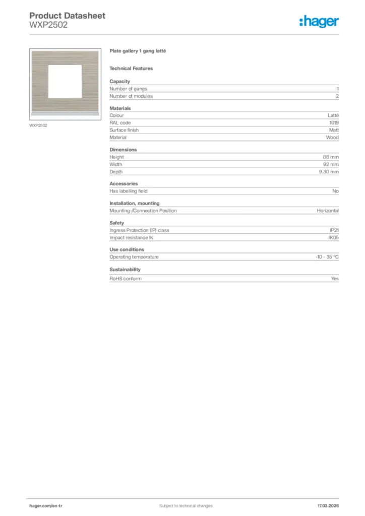 Image Hager Product data sheet WXP2502  | Hager