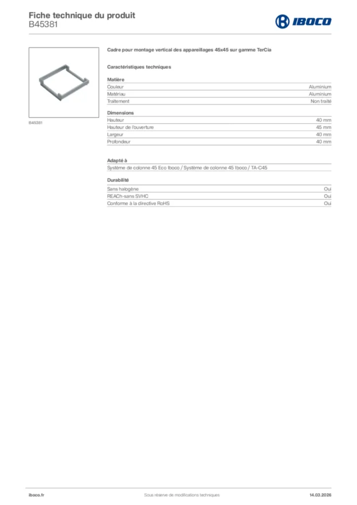 Image Iboco Fiche technique du produit B45381 | Hager France