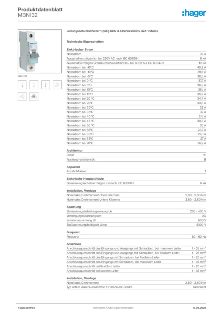 Bild Hager Produktdatenblatt MBN132 | Hager Deutschland