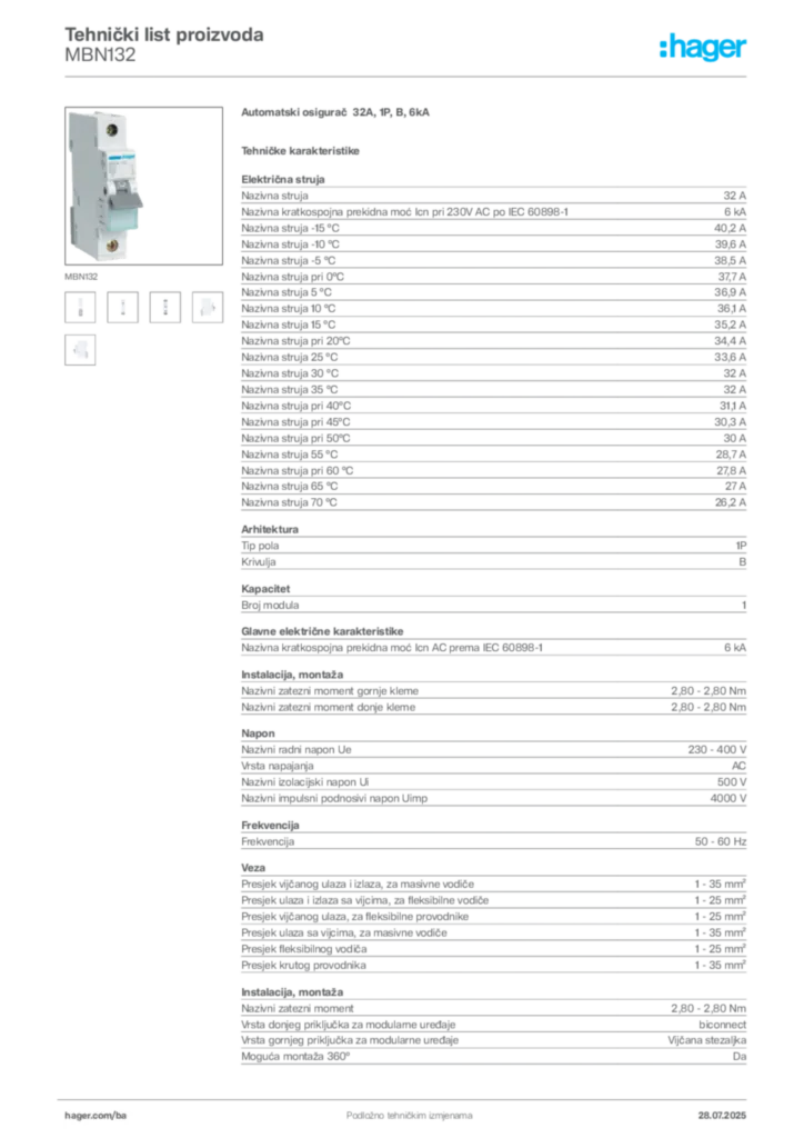 Slika Hager Product data sheet MBN132  | Hager