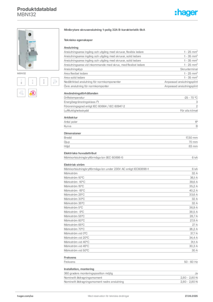Bild Hager Produktdatablad MBN132 | Hager Sverige