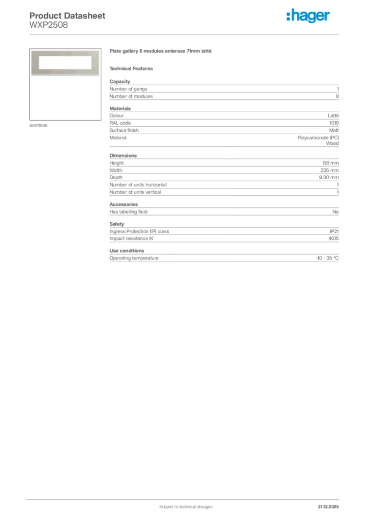 Image Hager Product data sheet WXP2508  | Hager Africa