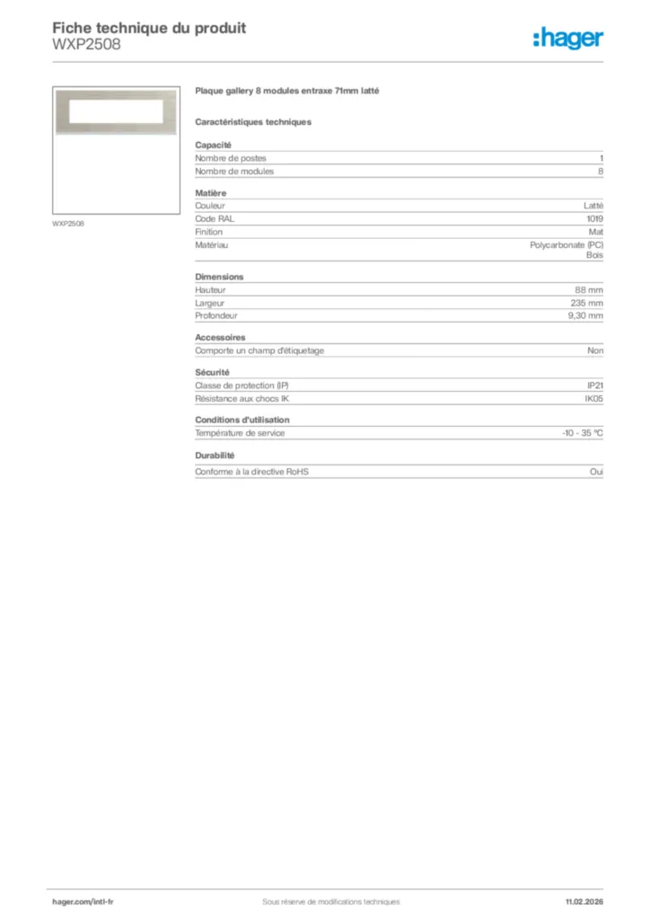 Image Hager Fiche technique du produit WXP2508 | Hager Afrique