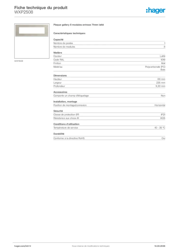 Image Hager Fiche technique du produit WXP2508 | Hager Afrique