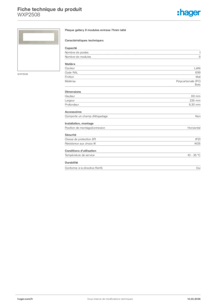 Image Hager Fiche technique du produit WXP2508 | Hager France