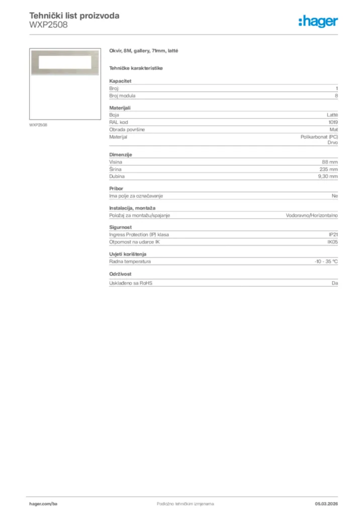 Slika Hager Tehnički list proizvoda WXP2508  | Hager