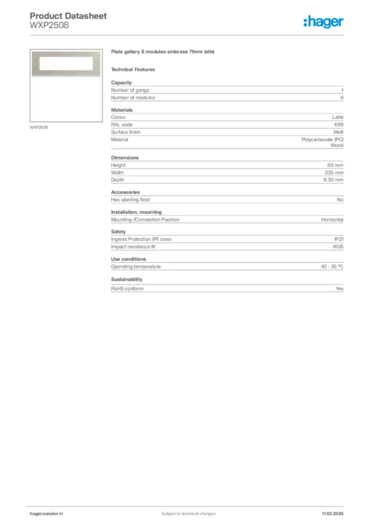 Image Hager Product data sheet WXP2508  | Hager