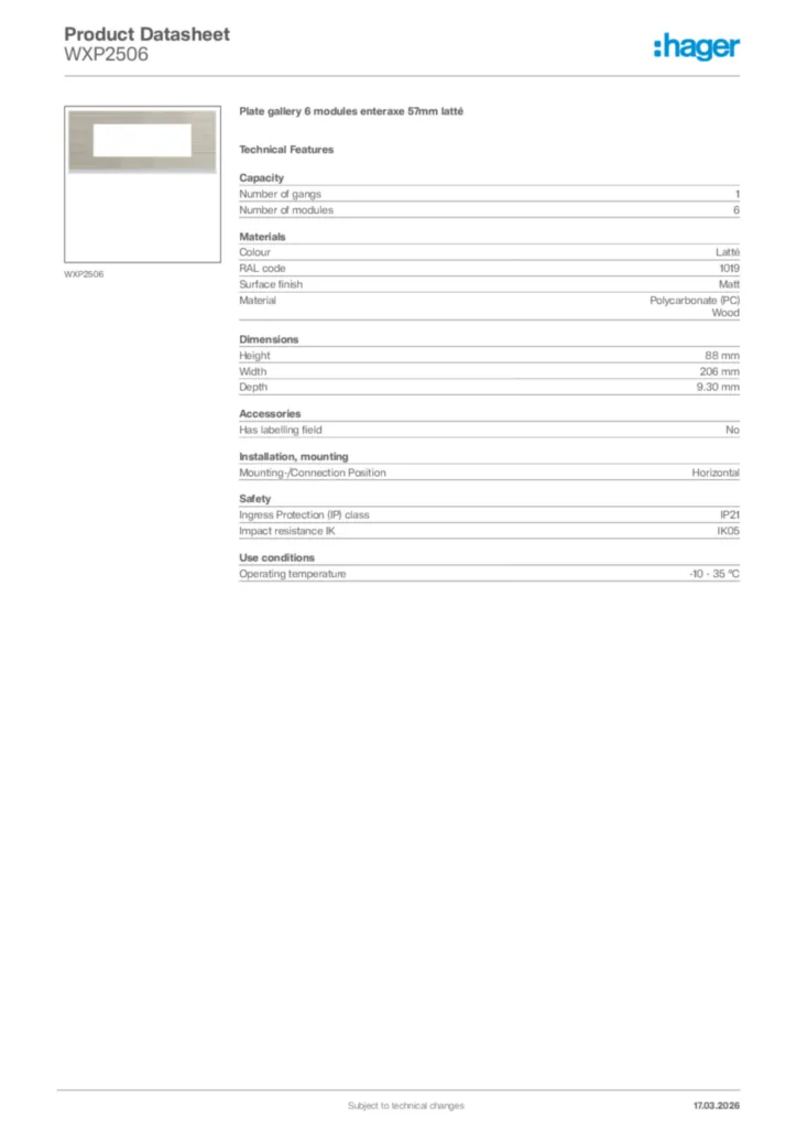 Image Hager Product data sheet WXP2506  | Hager Africa