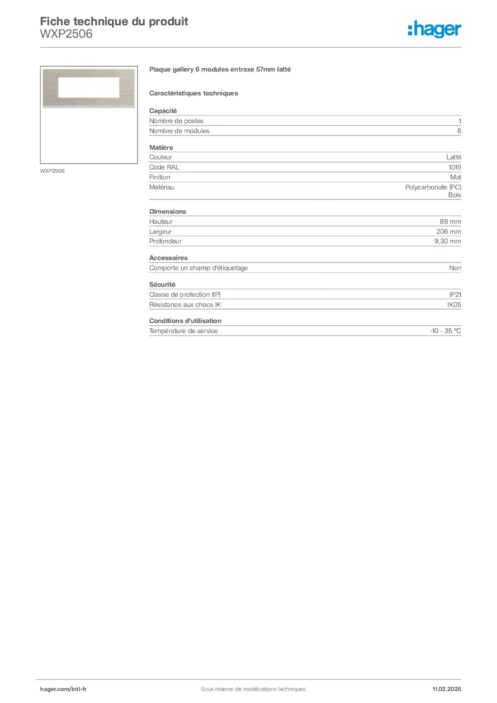 Image Hager Fiche technique du produit WXP2506 | Hager Afrique