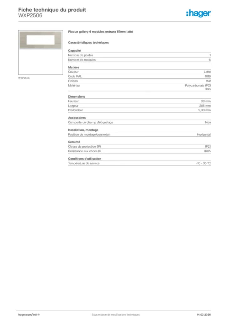 Image Hager Fiche technique du produit WXP2506 | Hager Afrique
