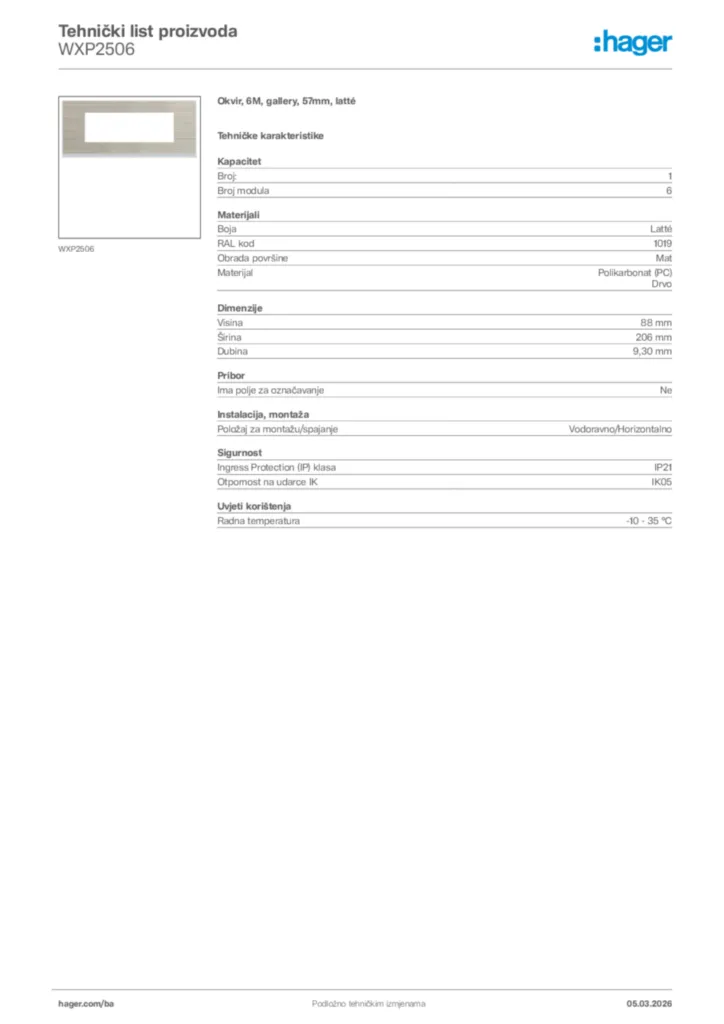 Slika Hager Tehnički list proizvoda WXP2506  | Hager