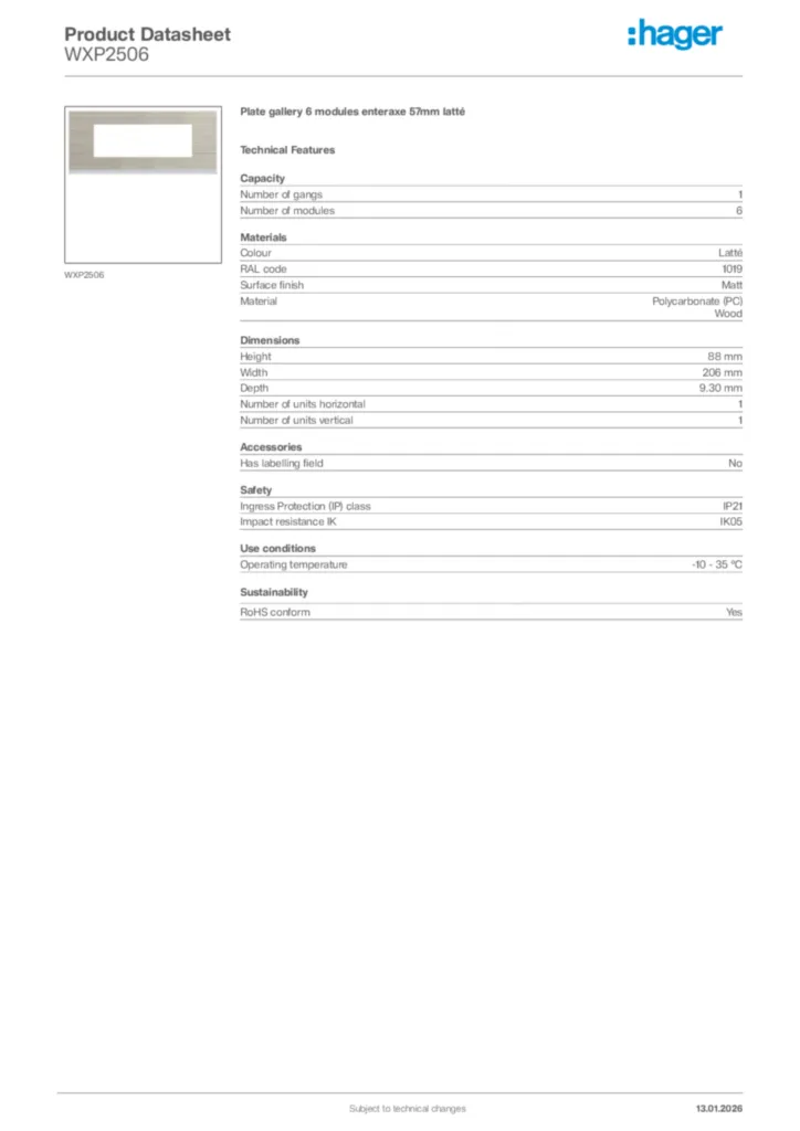 Image Hager Product data sheet WXP2506  | Hager
