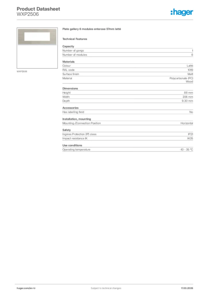 Image Hager Product data sheet WXP2506  | Hager