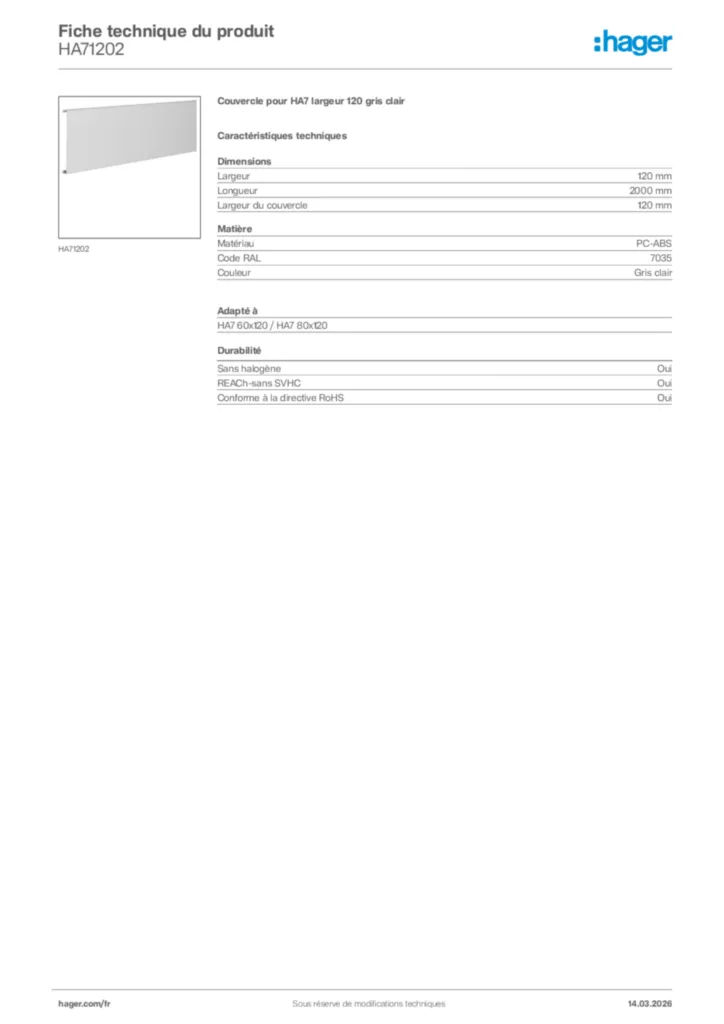 Image Hager Fiche technique du produit HA71202 | Hager France