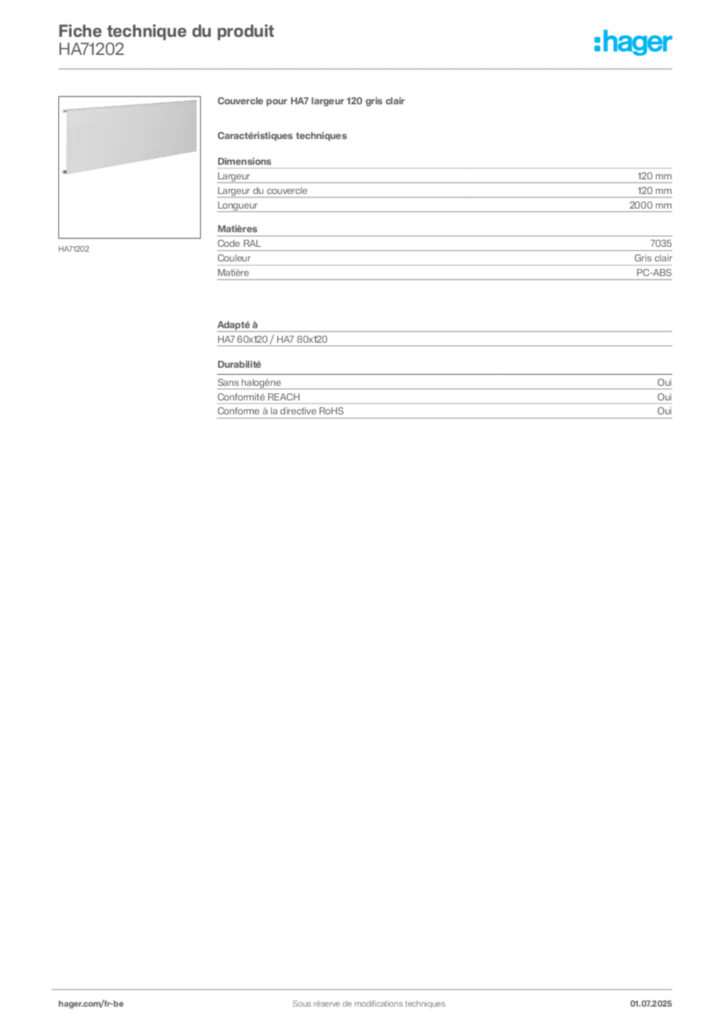 Image Hager Fiche technique du produit HA71202 | Hager Belgique