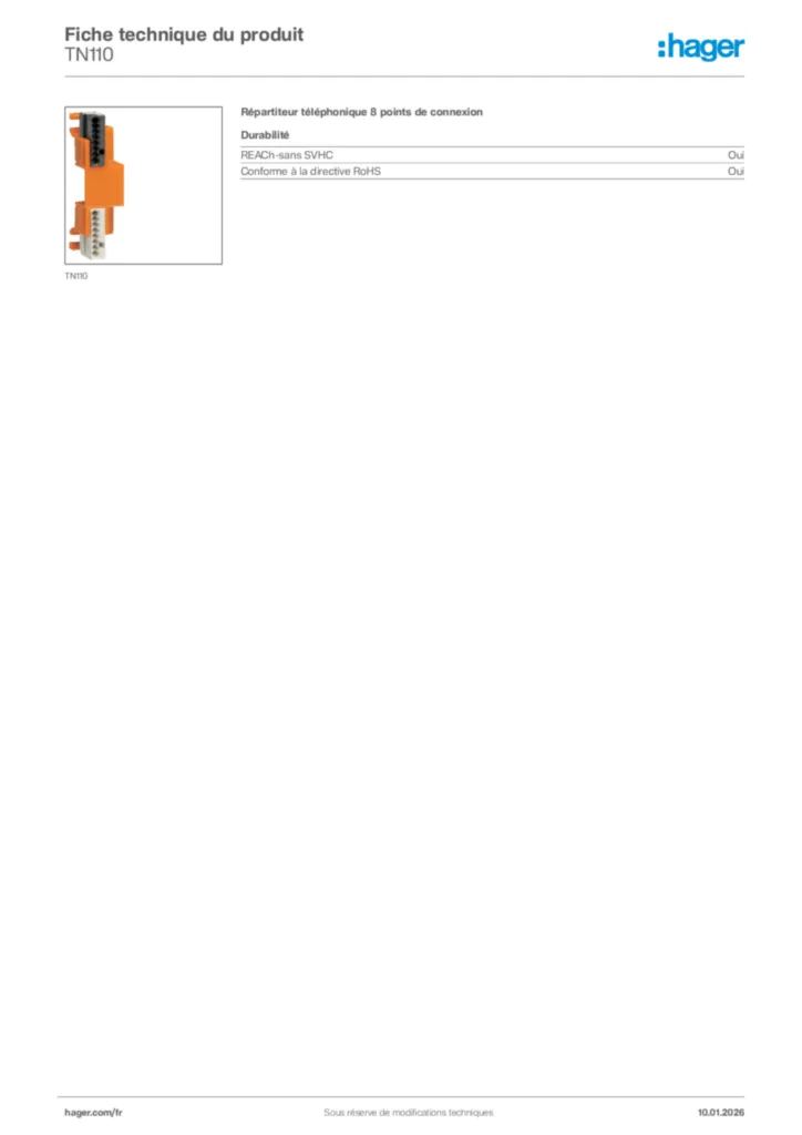 Image Hager Fiche technique du produit TN110 | Hager France