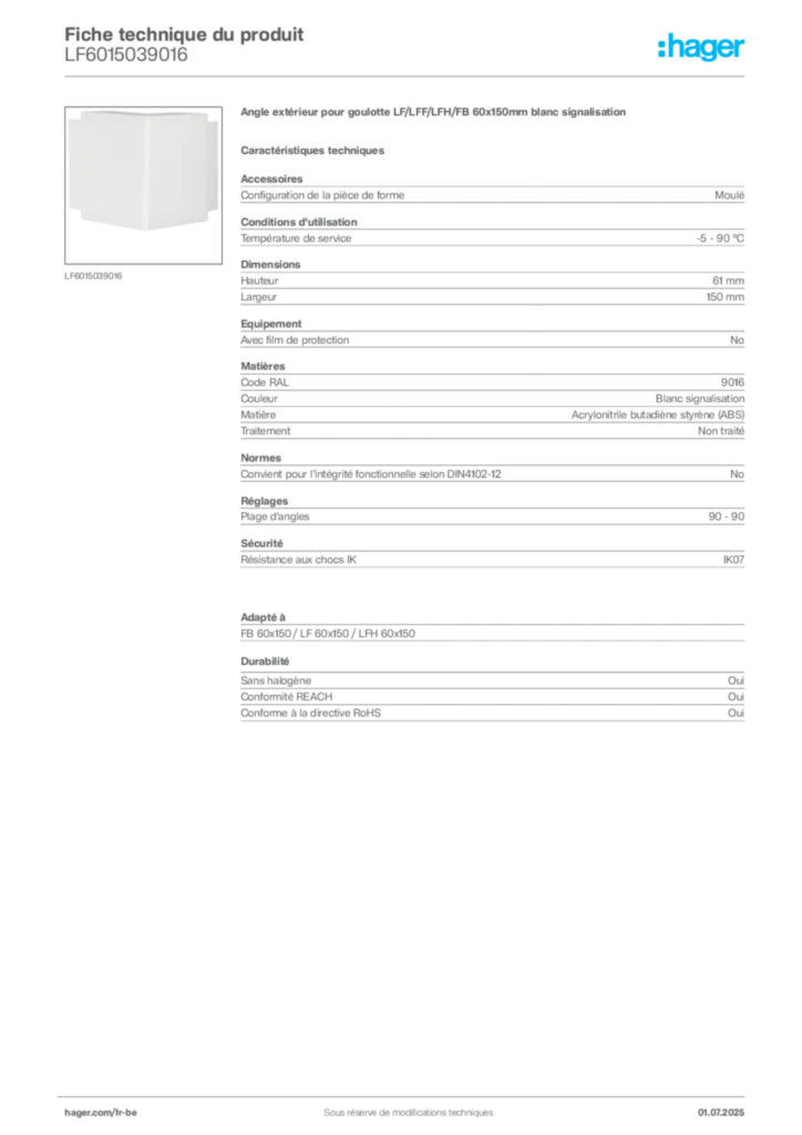 Image Hager Fiche technique du produit LF6015039016 | Hager Belgique