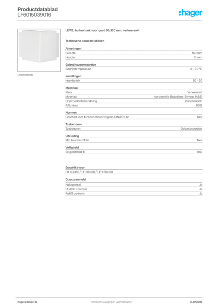 Afbeelding Hager Productdatablad LF6015039016 | Hager Belgium