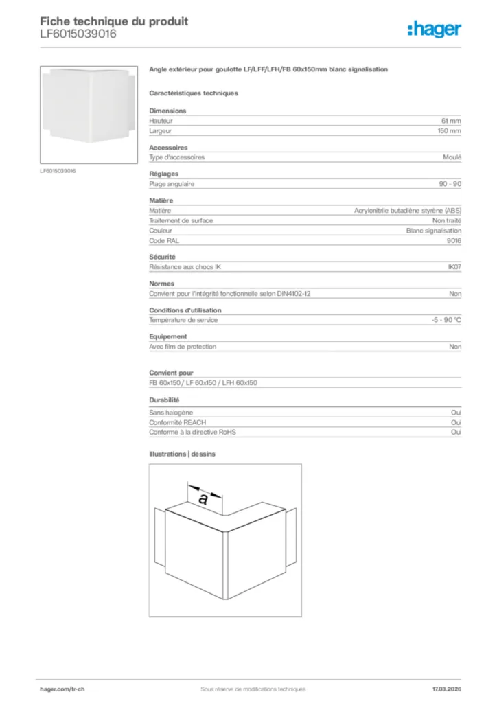 Image Hager Fiche technique du produit LF6015039016 | Hager Suisse