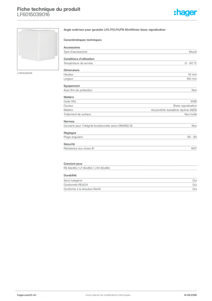 Image Hager Fiche technique du produit LF6015039016 | Hager Suisse